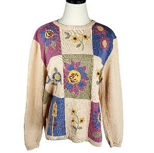 Vintage Alfred Dunner XL 3-D Flower Patch Pullover Sweater Birdhouse Novelty